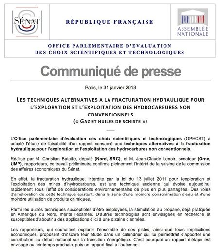 Communiqué gaz de schistes