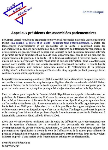 Appel aux présidents des assemblées parlementaires 8-02-2104